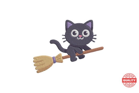 Black Cat on Broom Embroidery